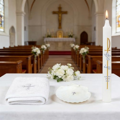 Baptism Candle Set for Boy Girls - Baptism Kit Include Baptismal Candles, Towel and Shell. Vela para Bautizo, Christening Set Velas para Bautizo De Niño Baptismal Kit Gifts (Silver) - color: Silver