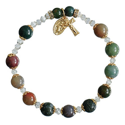 Sine Cera Multicolor Onyx/Gold Trim 1 Decade Catholic Rosary Bracelet, Round 8mm Beads