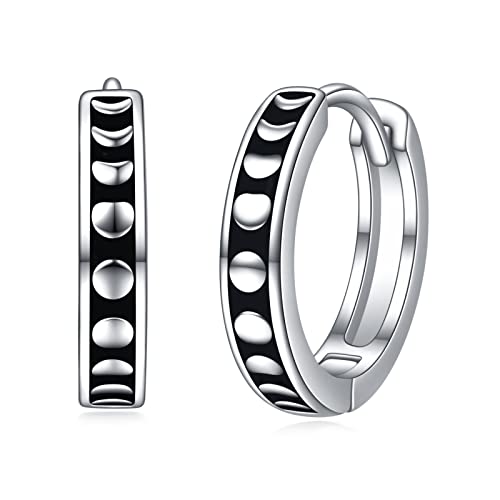 AOBOCO Black Hoops Earrings for Men Sterling Silver Viking Celtic Cross Heart Skull Round Triangle Hoop Earrings Birthday Father Day Christmas Jewelry Gifts for Men Women Friends - style: Round Moonphase Hoops