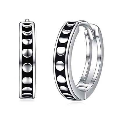 AOBOCO Black Hoops Earrings for Men Sterling Silver Viking Celtic Cross Heart Skull Round Triangle Hoop Earrings Birthday Father Day Christmas Jewelry Gifts for Men Women Friends - style: Round Moonphase Hoops