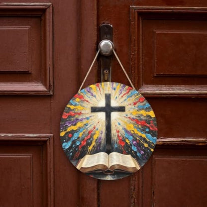 Door Sign Round Wooden Hanging Plaque With Rope Cross And Open Bible With Light Burst 12 X 12 Inch Rustic Welcome Wall Decor For Porch Entryway Farmhouse Home