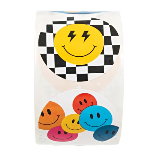 Retro Smiley Face Stickers / 500 Colorful Round Labels Roll / 1.5" Circle Happy Face Sticker / 8 Nostalgic Y2K Bright Designs/Made in The USA - color: Retro Smiley Face