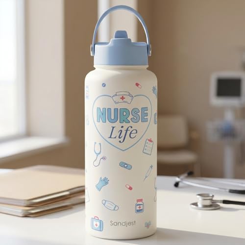 SANDJEST Nurse Water Bottle Stainless Steel 32oz with Lid & Straw, Nurse Life Insulated Bottles Gifts for Women Medical Students Friends Birthday Christmas Nurse Week - color: Nurse 3