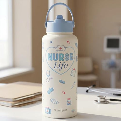 SANDJEST Nurse Water Bottle Stainless Steel 32oz with Lid & Straw, Nurse Life Insulated Bottles Gifts for Women Medical Students Friends Birthday Christmas Nurse Week - color: Nurse 3
