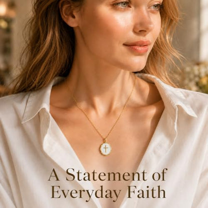 Enamel Cross Necklace for Women 18K Gold Plated Christian Pendant - color: White-Gold