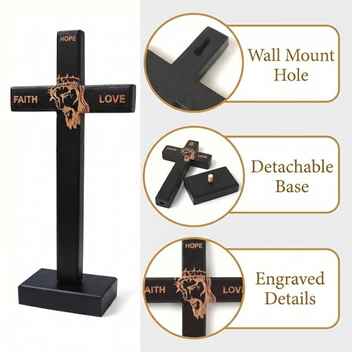 Wooden Cross 10.75in Wall Cross with Detachable Stand, Christian Gift - color: Black, size: 10.8"L x 5"W