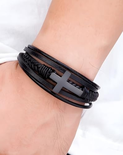 Cross Leather Bracelet for Men, Multi-Layer Braided Mens Religious Cuff Bracelets with Stainless Steel Clasp Anniversary Father's Day Birthday Christmas Jewelry Gifts for Him - color: Black Clasp & Black Leather