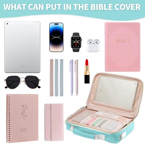 KOPKOFT Bible Cover Case for Women, Large Chenille Letter Leather Bible Case with Bible Study Accessories, Bible Study Supplies Bible Journaling Kit, Christmas Christian Gift for Women Girls - color: Light Blue