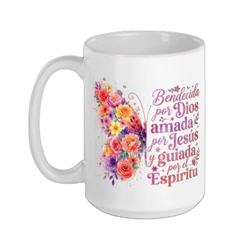 Bendecida Por Dios Amada Por Jesus Christian Spanish Floral Ceramic Mug, White, 15oz - color: White, size: 15 Ounces