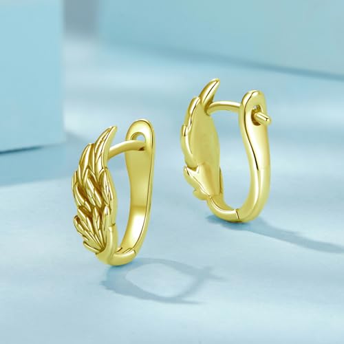 Turquoise Cross Hoop Earrings for Women 14K Gold Plated Infinity Angel Feather Pearl Turquoise Cross Star Hypoallergenic Post Christan Everyday Huggie Jewelry Gift - color: Gold Wings