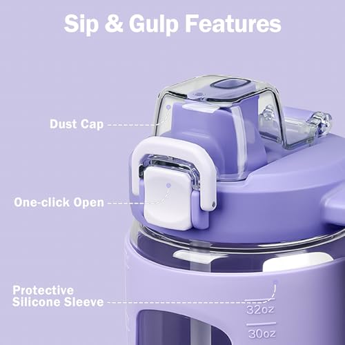 32oz Glass Tumbler with Straw Handle, Reusable Iced Coffee Cup, Purple - color: Purple