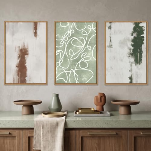Aryroi Abstract Green Brown Geometric Framed Canvas Wall Art Set, Minimalist Neutral Brush Stroke Wall Decor, Modern Watercolor White Curved Lines Artwork for Living Room, Bedroom, Office- 16"x24"x3 - color: Green and Brown Line Wall Art, size: 16"L x 24"