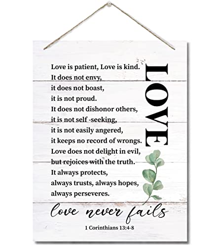 Bible Verse Printed Wood Plaque Sign Wall Hanging, Home Wall Decor Love is Patient, Love is Kind Quote Scripture Rustic Hanging Wall Plaque Wood Signs, 1 Corinthians 13:4-8 Christian Sign - color: Love is Patient