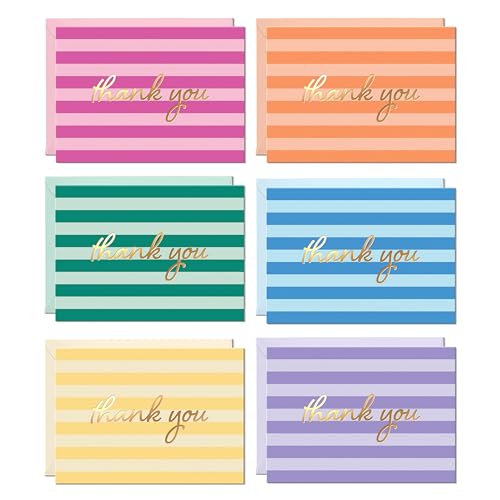 Sweetzer & Orange S&O Thank You Cards Boxed Set, 24 Pack Coastal Stripes Notes With Gold Foil, 4" x 5.5" Blank Cards With 6 Designs and 6 Color Envelopes, Assorted Thank You Stationery