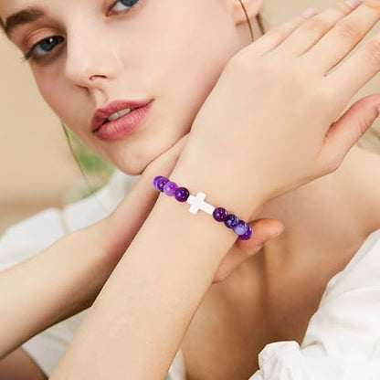 VIBILIA Cross Beaded Bracelets for Women, Birthday Gifts - color: E 1. Cross - Purple Banded