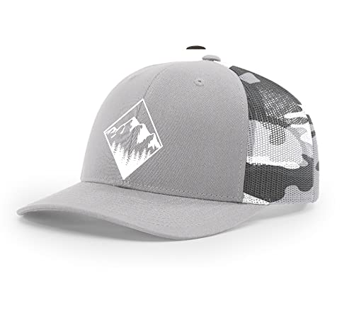 Trenz Shirt Company Men's Retro Geometric Diamond Mountain Outdoors Woodland Embroidered Mesh Back Trucker Hat - color: Silver/Grey Camo