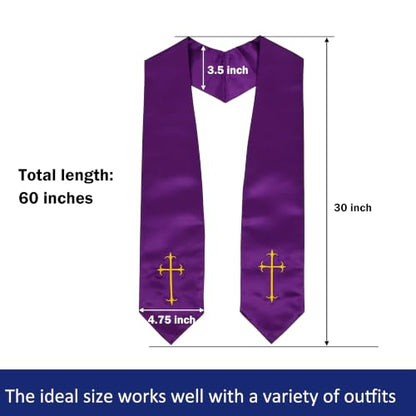 Clergy Stole, Choir Stole with Cross Embroidery 60'' - color: Purple