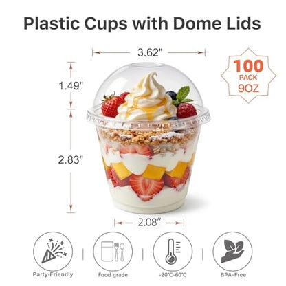 Lullaby 100 Pack 9oz Clear Plastic Cups with Dome Lids, Dessert Fruit Cups - size: 100PACK