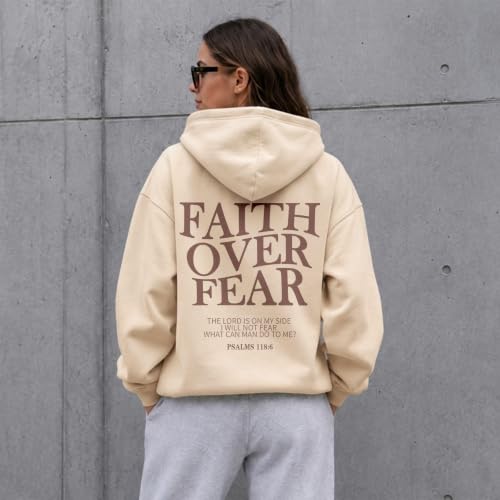 Wrenpies Faith Over Fear Hoodie for Women Christian Jesus Bible Verse Sweatshirt God Religious Oversized Tops - color: Apricot, size: Large