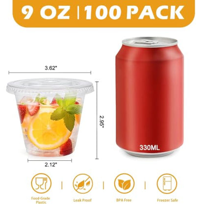 Lamosi 100 Pack 9 oz Clear Plastic Cups with Flat No Hole Lids - size: 100Pack-Flat Lids