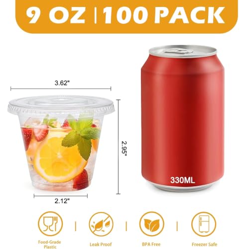 Lamosi 100 Pack 9 oz Clear Plastic Cups with Flat No Hole Lids - size: 100Pack-Flat Lids