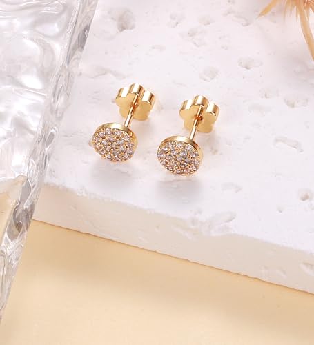 14K Gold Plated Small Stud Earrings for Girls Women Hypoallergenic Surgical Steel Cartilage Flat Back Stud Earrings CZ Cross Dot Bar Heart Handmade Screw Back Earrings Studs - color: Gold, style: Dot