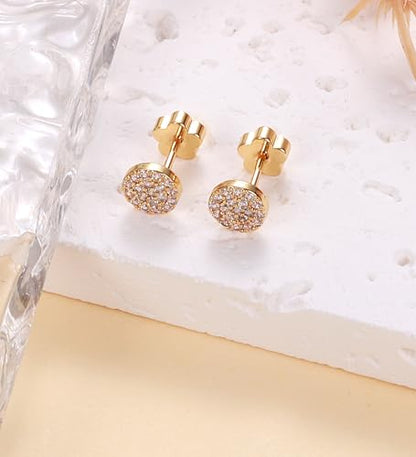 14K Gold Plated Small Stud Earrings for Girls Women Hypoallergenic Surgical Steel Cartilage Flat Back Stud Earrings CZ Cross Dot Bar Heart Handmade Screw Back Earrings Studs - color: Gold, style: Dot