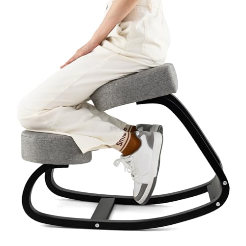 Goplus Ergonomic Kneeling Chair, Rocking Upright Posture Chair with Soft Seat & Knee Pads, Wooden Backless Knee Chair Relieves Neck Back Pain for Home Office Study, Gray and Black
