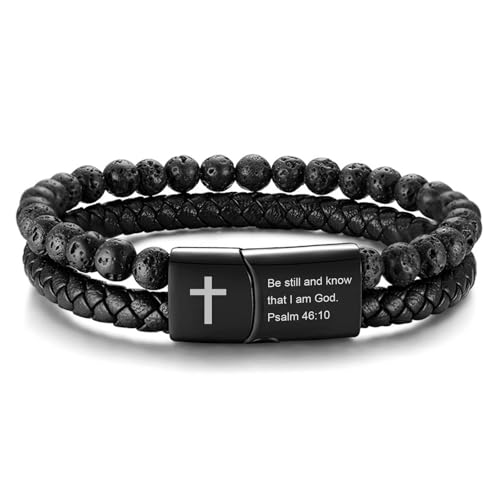 Men's Cross Bracelet for Men : Inspirational Bible Verse Black Leather Bracelets Christian Catholic Religious Jewelry Gifts Ideas for Man, Healing Lava Rock Bead Cross Bracelet Leather Wristband - color: Be still and know that..., size: Small(fit 5.7" to