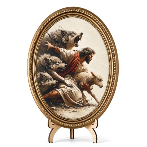 Vintage Good Shepherd Wall Art, Jesus Protecting Sheep Wood Sign, 11.2 Inch