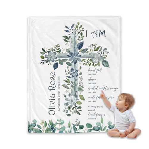Personalized Baptism Blanket for Girl, Custom Blue Floral Cross Blanket, Christian Christening Gift, Catholic Scripture Baby Blankets, Baptized in Christ Throw, Goddaughter Keepsake - color: #Ver12