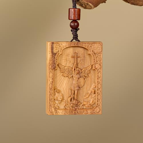 Wooden Archangel St. Michael Necklace, Carved Olive Wood, Wooden Religious Pendant Jewelry (Cross) - color: Square