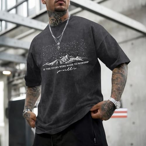 Christian Faith God Shirts for Men Jesus Bible Verse Shirt Oversized Acid Wash Tshirts Star Mountain Graphic Tees - color: Black, size: Large