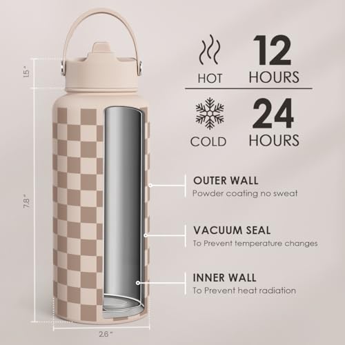 SANDJEST Checkerboard Water Bottle 32oz Stainless Steel with Lid & Straw, Beige Checker Insulated Bottles for Women Girls, Gift Idea for Christmas Birthday - color: Checker