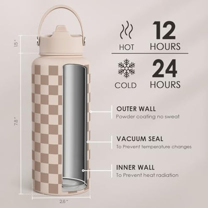 SANDJEST Checkerboard Water Bottle 32oz Stainless Steel with Lid & Straw, Beige Checker Insulated Bottles for Women Girls, Gift Idea for Christmas Birthday - color: Checker