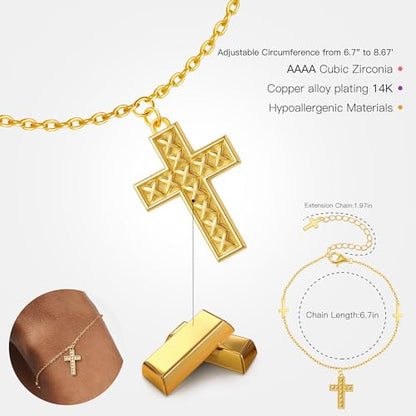 Gold Cross Bracelet for Women, Dainty 18K Gold Plated Double Pendant Jewelry, Sparkling Zirconia Prayer Bracelet, Adjustable Link Chain Lobster Clasp (5.9in + 2.4in) - style: Design Cross Bracelet
