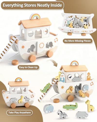 Wooden Noah's Ark Toy for Toddlers 1-3, Baptism Gift for Boys and Girls