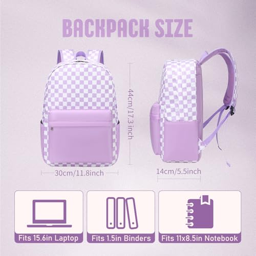 UREYMX Checkered Backpack - School Backpack for Kids, Large Capacity, Waterproof, Lightweight, Black - color: Purple and White Plaid
