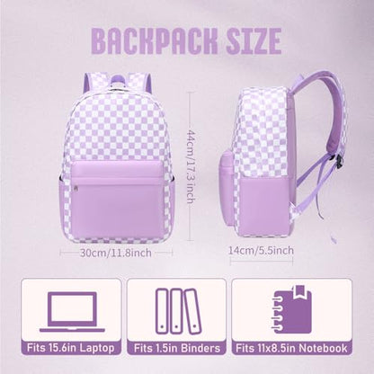UREYMX Checkered Backpack - School Backpack for Kids, Large Capacity, Waterproof, Lightweight, Black - color: Purple and White Plaid