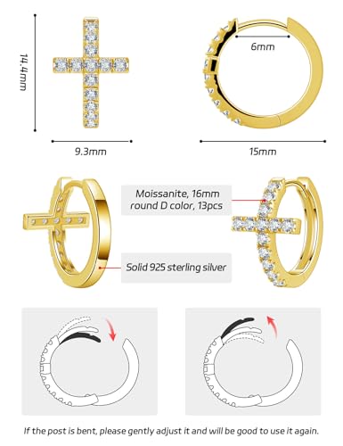 Moissanite Sterling Silver Cross Earrings for Women Huggie Drop - color: Cross Hoops (Gold)