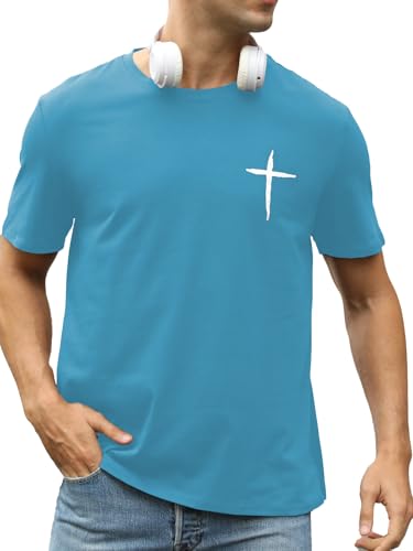 Mens Short Sleeve Cotton T-Shirts Crew Neck Jesus Cross Printed Shirts Faith Christ Shirts - color: Sky Blue, size: XX-Large