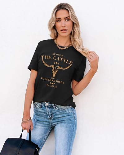 Christian Shirts for Women He Owns The Cattle On A Thousand Hills Tee Shirt Religious Bible Verse Faith Tops - color: Black, size: Large