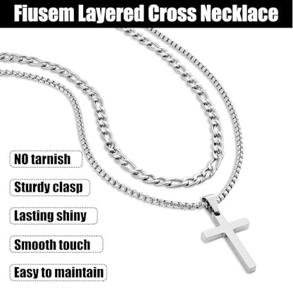 Fiusem 2 Pcs Cross Necklace Chain for Men, Stainless Steel Pendant - color: Silver, size: 20/22 Inches