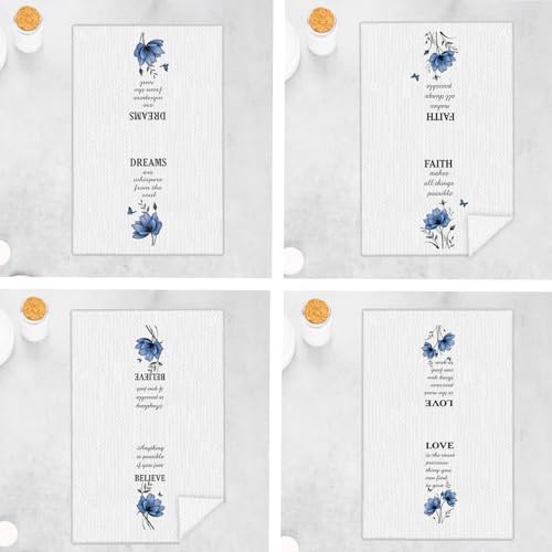 Inspirational Floral Kitchen Towels, Dreams Faith Believe Love Blue Floral Hand Towels for Bathroom, Inspirational Motivational Gifts Dish Tea Towels for Kitchen Decor, 16x24 Inch Set of 4 - color: Christian-a