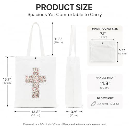 Christian Tote Bag Gift for Women, Canvas Bible Bag Handmade Floral Cross - color: White-pink Mini Roses