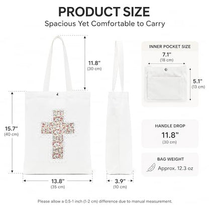 Christian Tote Bag Gift for Women, Canvas Bible Bag Handmade Floral Cross - color: White-pink Mini Roses