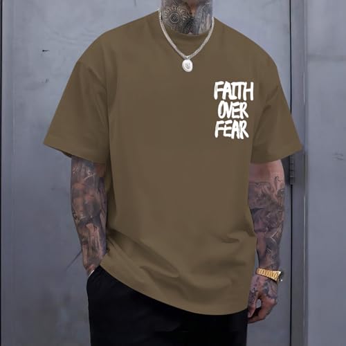 Christian Jesus Shirts for Men Faith Over Fear Shirt God Religious Bible Verse Inspirational Oversized Graphic Tees - color: Brown, size: Small