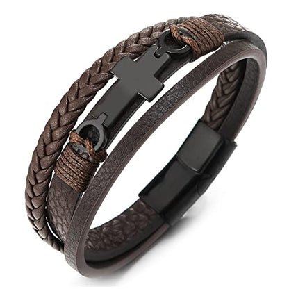COOLSTEELANDBEYOND Mens Women Steel Horizontal Sideway Lateral Flat Cross Multi-Strand Leather Bangle Bracelet - color: A-Metal Color: Black; Leather Color: Brown