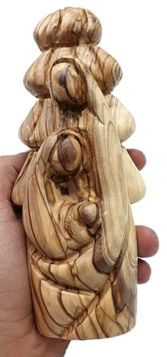 Zuluf Olive Wood Holy Family Nativity Statue 6.9 Inch with Carved Olive Tree Back, Hand-Carved Bethlehem Two-Sided Sculpture of Joseph Mary Baby Jesus, Catholic Mantle Centerpiece Christmas Decor Gift