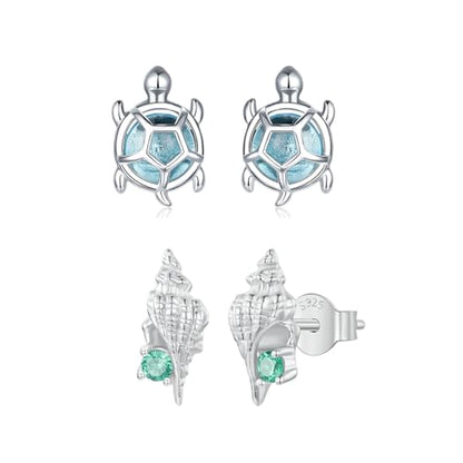 Cute Stud Earrings for Women Dachshund Koi Fish Sea Star Sea Turtle Sea Conch Earrings 14K Gold Plated Dainty Stud Earring funky Jewerly - color: silver sea turtle conch